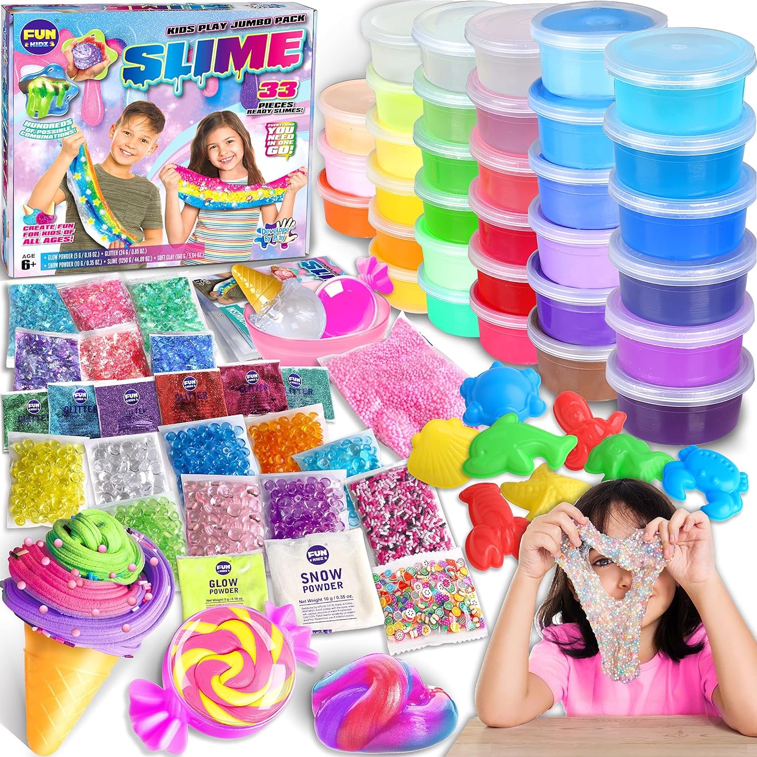 33 Cups Jumbo Slime Kit for Kids, Funkidz Premade Ultimate Slime Pack to DIY Soft, Cloud, Clear, Butter, Glitter, Glow in Dark Slime Making Kits Super Slime Party Favors Gift Toys for Girls and Boys