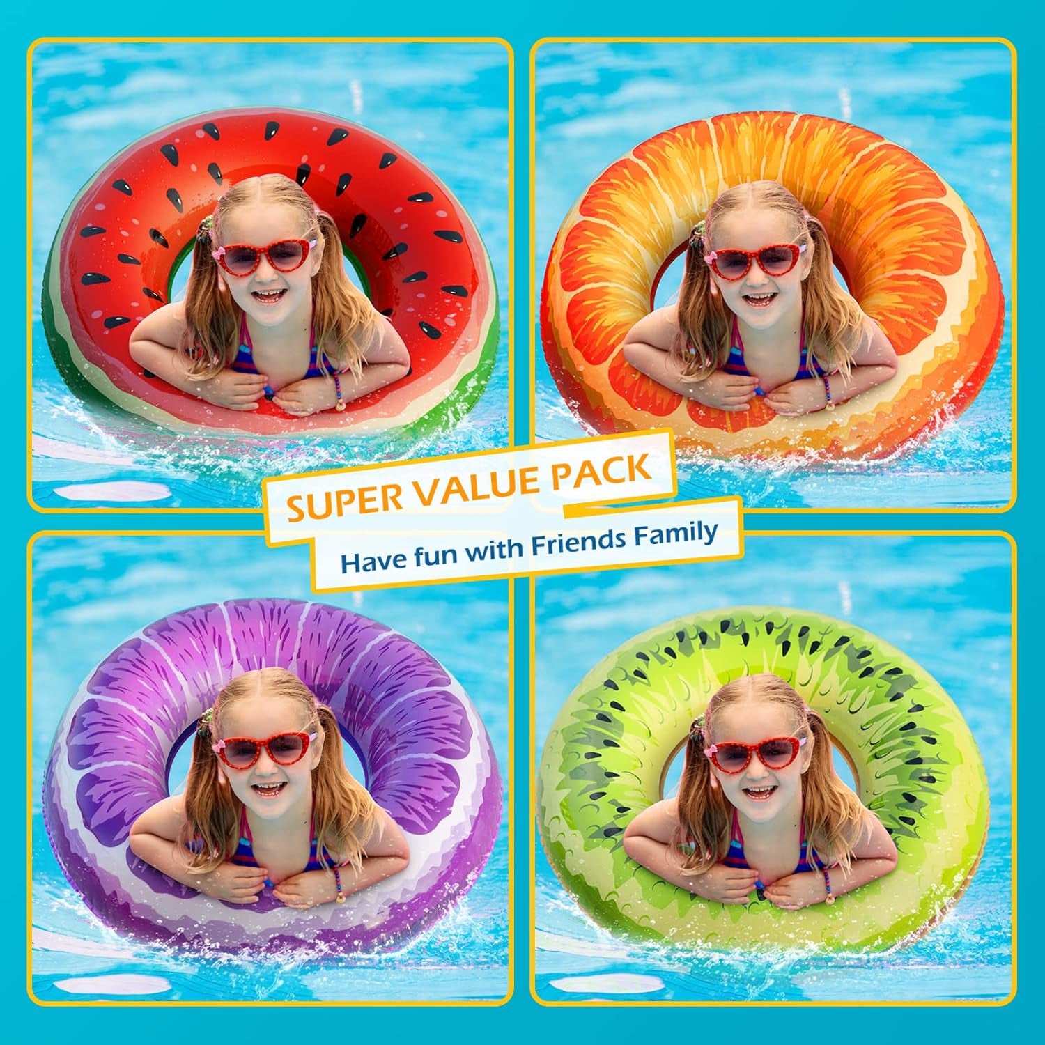 Inflatable Pool Floats Kids - 2 Pack Floaties Pool Tubes Swim Rings Fruit Water Floaty Watermelon Kiwi Inflatable Pool Toys Float for Swimming Pool Party Lake Beach Adults