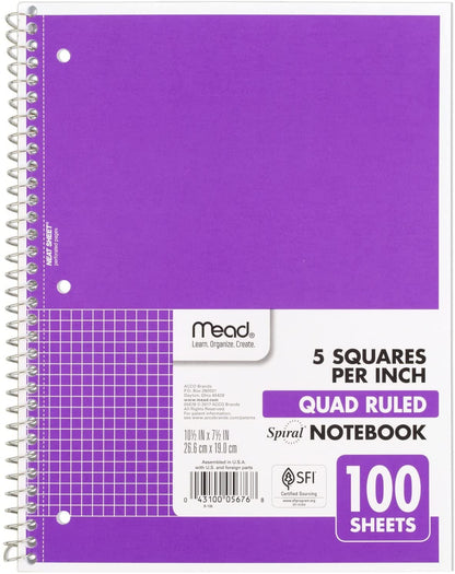 Spiral Notebook, 1-Subject, Graph Ruled Paper, 7-1/2" X 10-1/2", 100 Sheets, Green (05676AC5)