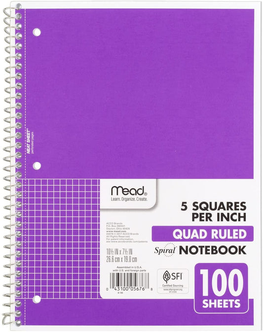 Spiral Notebook, 1-Subject, Graph Ruled Paper, 7-1/2" X 10-1/2", 100 Sheets, Purple (05676BA7)