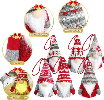 Gnome Christmas Ornaments with Led Light, Handmade Swedish Tomte Xmas Gnomes Plush Doll, Scandinavian Santa Elf Table Ornaments, Lighting Hanging Christmas Tree Decorations Home Decor (6 Pack)