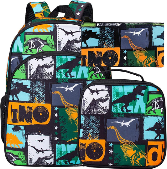 Boys Backpack, 16” Kids Dinosaur Preschool Bookbag and Lunch Box for Kindergarten Elementary