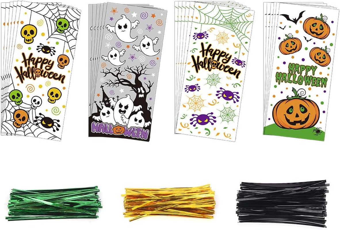 Halloween Cellophane Bags,200Pcs Clear Candy Cookie Treat Bags with 400 Piece Twist Ties for Halloween Party Favor Supplies