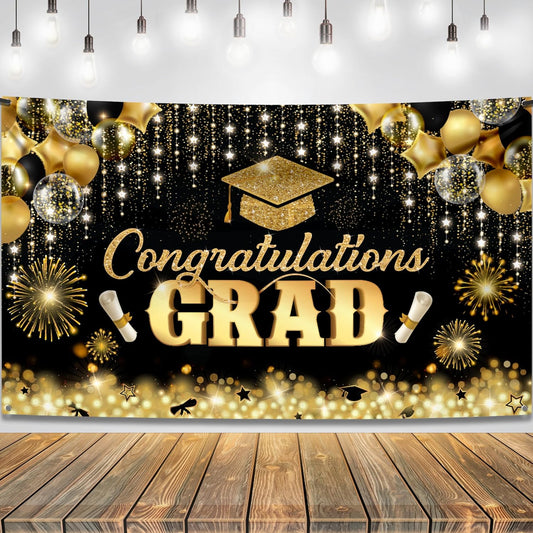 , Congratulations Grad Banner - Large, 72X44 Inch | Glitter Black and Gold Graduation Backdrop, Graduation Decorations Class of 2024 | Congratulations Banner, 2024 Graduation Party Decorations