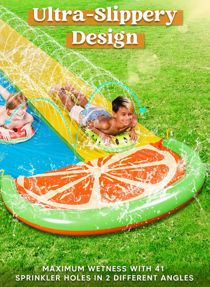 22.5Ft Double Water Slides with 2 Body Boards Backyard Outdoor Slip Lawn Waterslide 2 Sliding Racing Lanes with Sprinklers Summer Water Toy, Orange