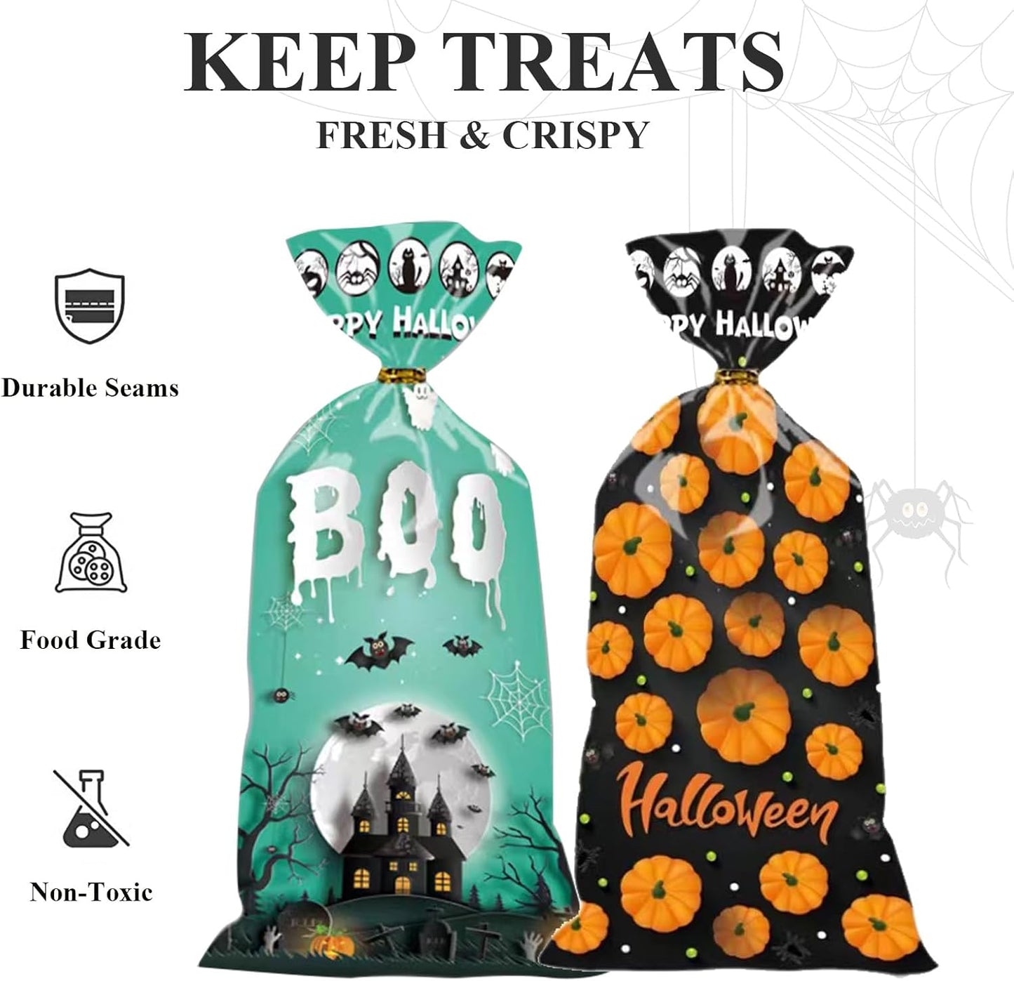 50 Pieces Halloween Treat Bags Trick or Treat Cellophane Plastic Candy Goodie Favor Bags with 50 Pieces Twist Ties for Kids Halloween Party Supplies, Pattern 03