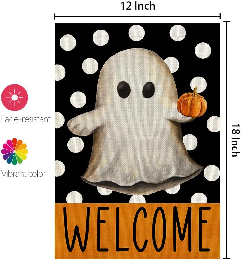 Halloween Ghost Garden Flag 12X18 Inch Double Sided Small Burlap for outside Polka Dots Welcome Holiday Yard Decoration CF1066-12