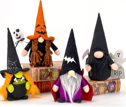 Gnomes Plush Elf Decoration, 4PCS Handmade Reaper Witch Vampire Pumpkin Ghost Dolls for Halloween Table Ornament, Tiered Tray Decor, Halloween Party Favor, Trick or Treat