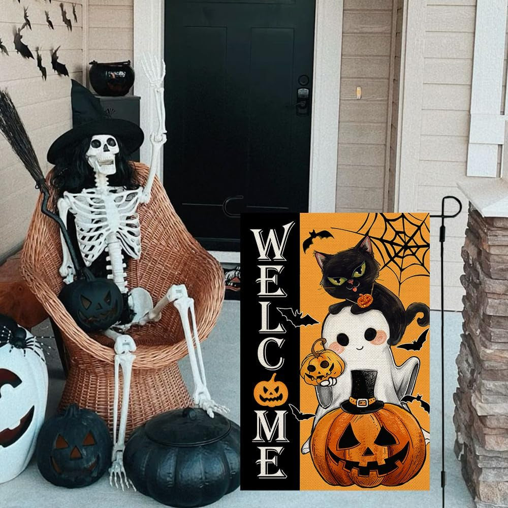 Halloween House Flag Ghost Cat Pumpkin 28X40 Inch Double Sided Large Burlap for outside Holiday Yard Flag CF1609-40