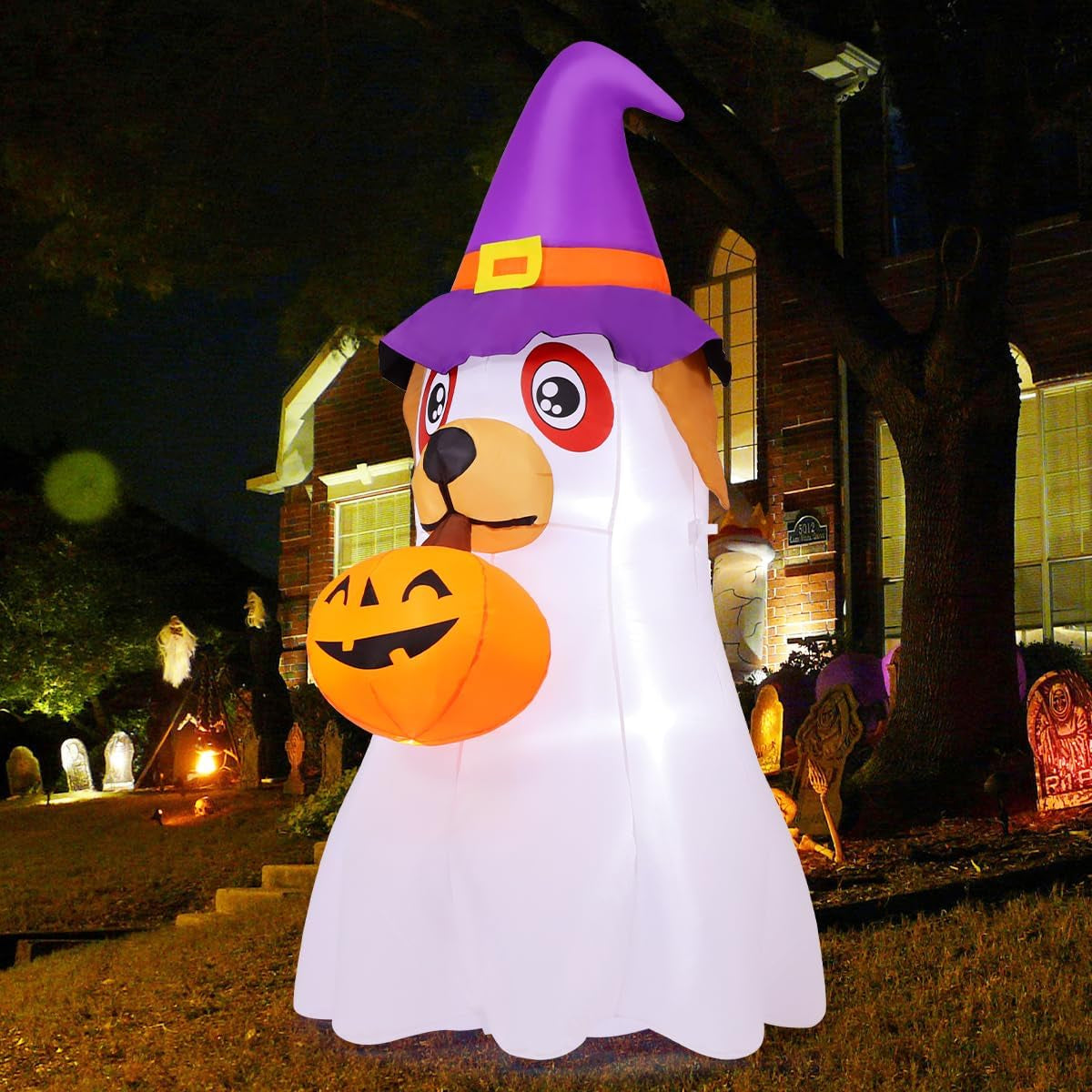 6.2 FT Halloween Inflatables Dog Outdoor Decorations Blow up Yard Cute Puppy Ghost with Pumpkin with Built-In Leds for Indoor Party Garden Lawn Holiday Decor