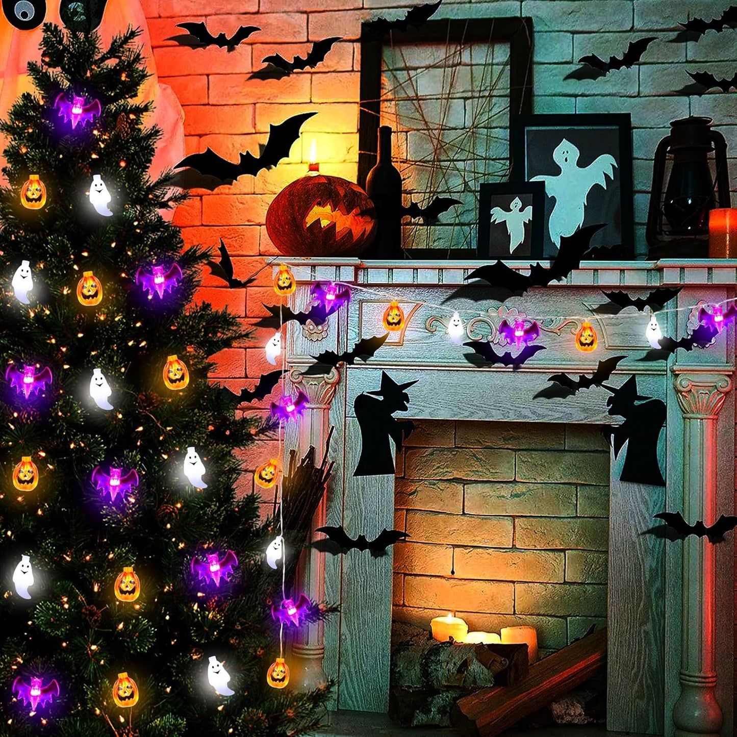 Halloween Lights Decorations Outdoor, 20FT 30 LED 3D Pumpkin Bat Ghost Halloween String Lights Battery Operated with Timer 8 Light Modes Halloween Decorations Outdoor Indoor Home Halloween Party Decor