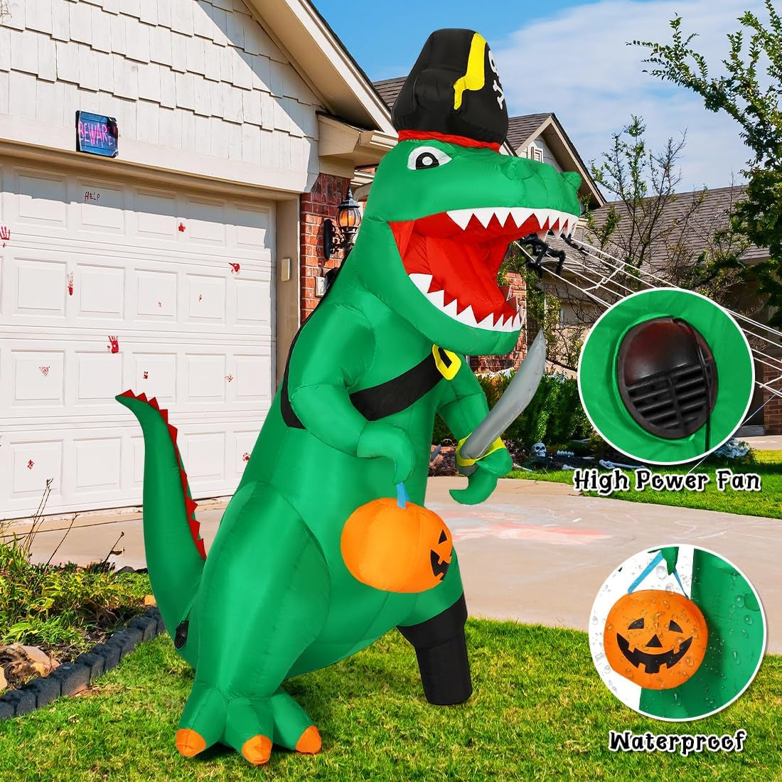 7 FT Halloween Inflatables Dinosaur Outdoor Decorations Blow up Yard Pirate Dinosaur with Pumpkin Decoration with Built-In Leds for Indoor Party Garden Lawn Decor