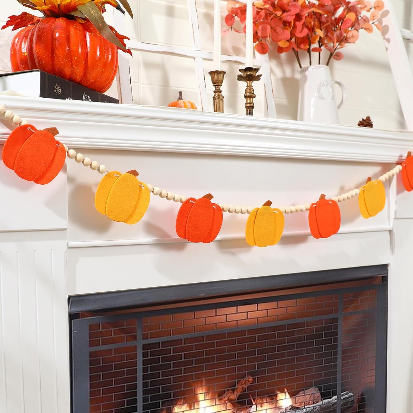 Fall Decor-Fall Decorations for Home-Felt Pumpkins Wood Bead Garland for Fall Decor- Halloween Thanksgiving Farmhouse Felt Pumpkins Banner for Fireplace Mantel Walls