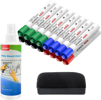 Dry Erase Set with 16 Chisel Tip Dry Erase Markers, 8.5 Fl Oz Cleaner & Magnetic Eraser, Office and School Supplies for Whiteboards, Calendar