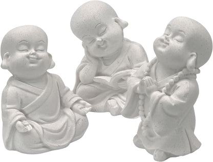 Baby Buddha Statues Cute Adorable Jizo Monks Happy Laughing Sitting Praying Meditating Relaxing Lovely Smiling Little Cutie Home Decor Set of 3 Figurines 3 Inch Sculptures