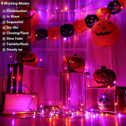 Orange Purple Halloween Solar String Lights 72Ft X 2 Pack 200 LED 8 Modes Waterproof Solar Fairy Lights for Garden, Patio, Fence, Balcony, Outdoors