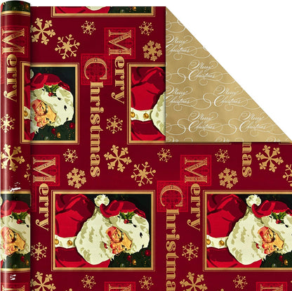 Reversible Christmas Wrapping Paper Set with Ribbon and Gift Tag Stickers (Traditional Red and Gold, 3 Rolls of Wrapping Paper and Ribbon)