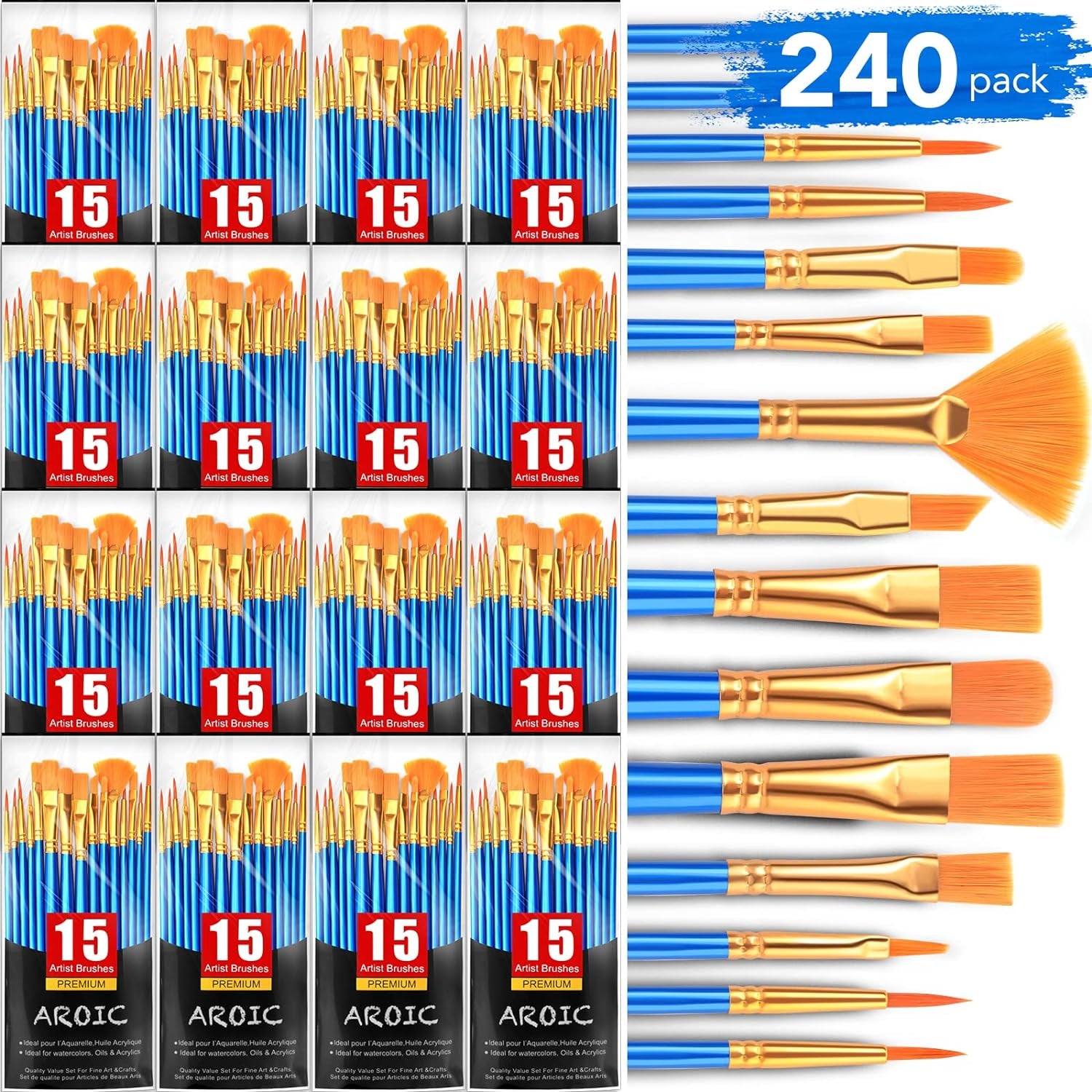 Acrylic Paint Brush Set, 15 Pcs Nylon Hair Paint Brushes for All Purpose Oil Watercolor Face Body Rock Painting Artist, Small Paint Brush Kits for Kids Adult Drawing