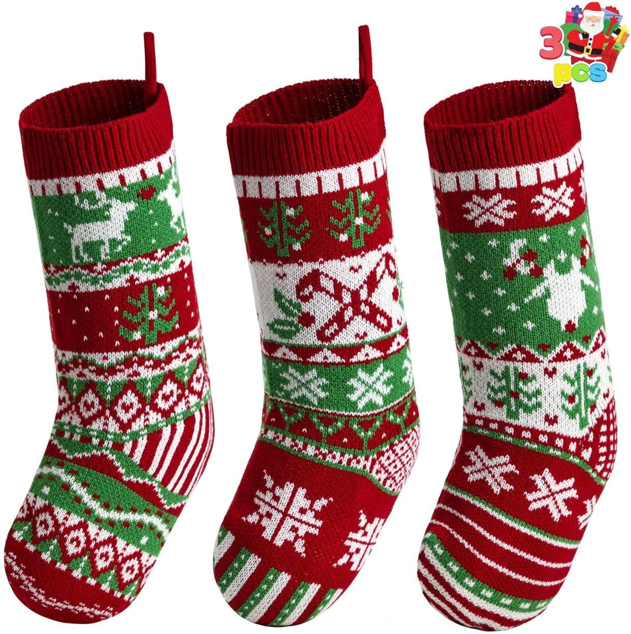 3 Pack 18” Christmas Stockings, Large Size Rustic Cable Knit Xmas Stocking in Red & Green, for Family Holiday Season Decorations