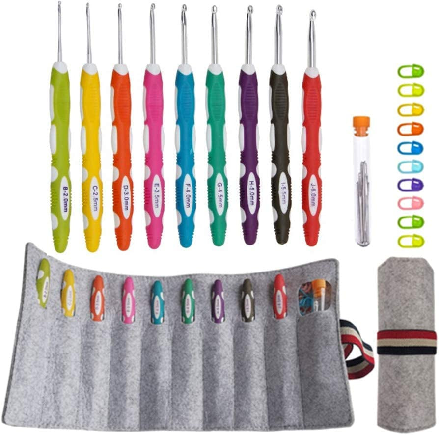 Ergonomic Crochet Hooks with Roll Felt Bag, Crochet Hooks Set for Arthritic Hands, Size from B to J