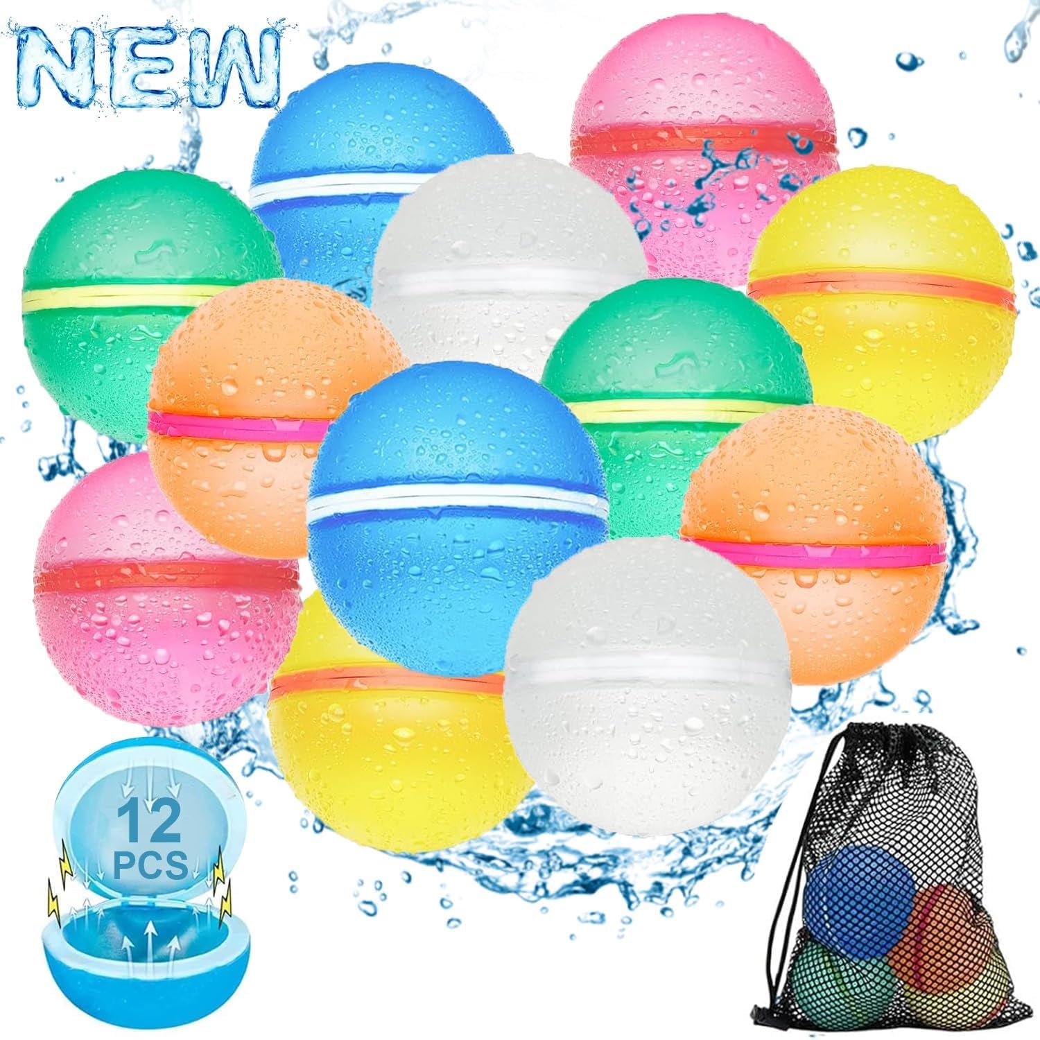 Reusable Water Balloons for Kids,24 PCS Magnetic Refillable Latex-Free Silicone Water Bomb with Mesh Bag, Summer Toys Beach Toys Swimming Pool Party Supplies Bath Toy Outdoor Idea Gift for Kids