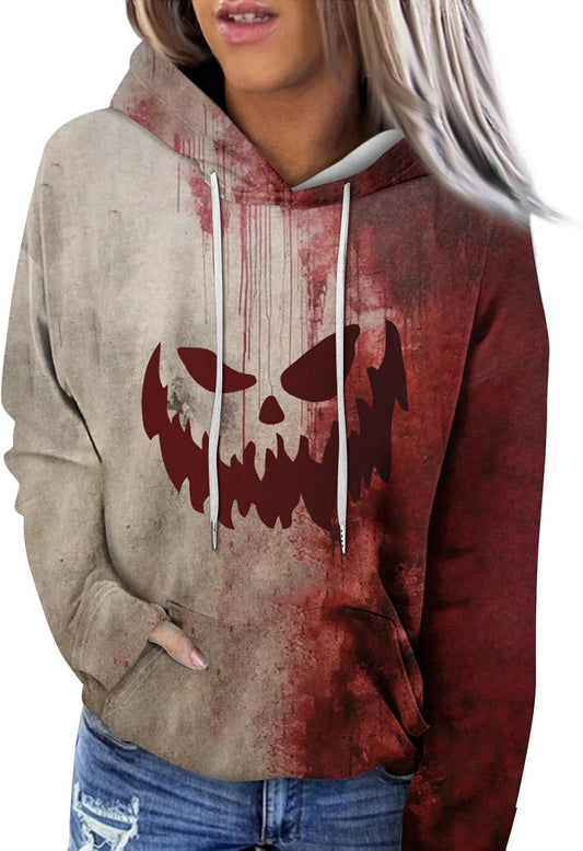 Halloween Hoodie for Women 2024 Scary Pumpkin Printed Long Sleeve Sweatshirts Pullover Cute Costumes with Pockets