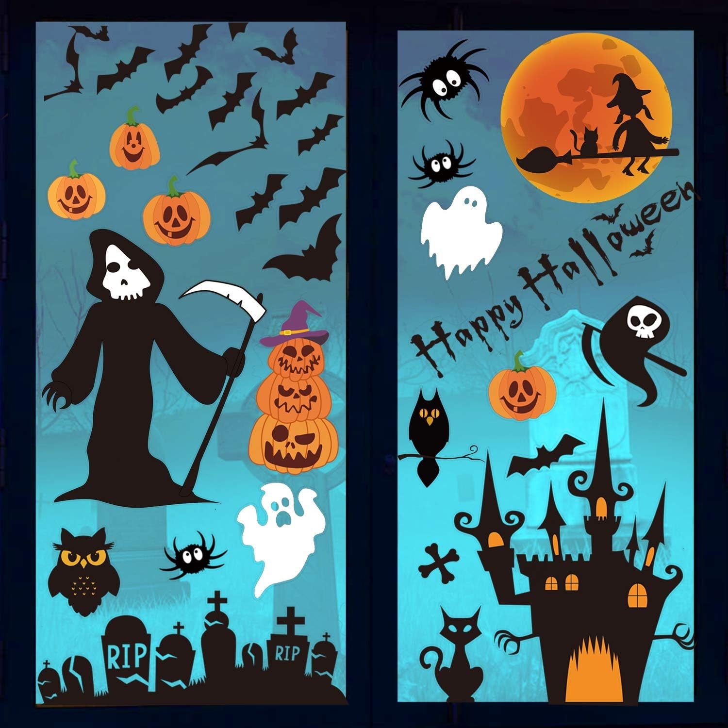 Halloween Window Clings,6 Sheet 85 Pcs Death Bat and Pumpkin Stickers Decals for Kids Window Glass Decoration