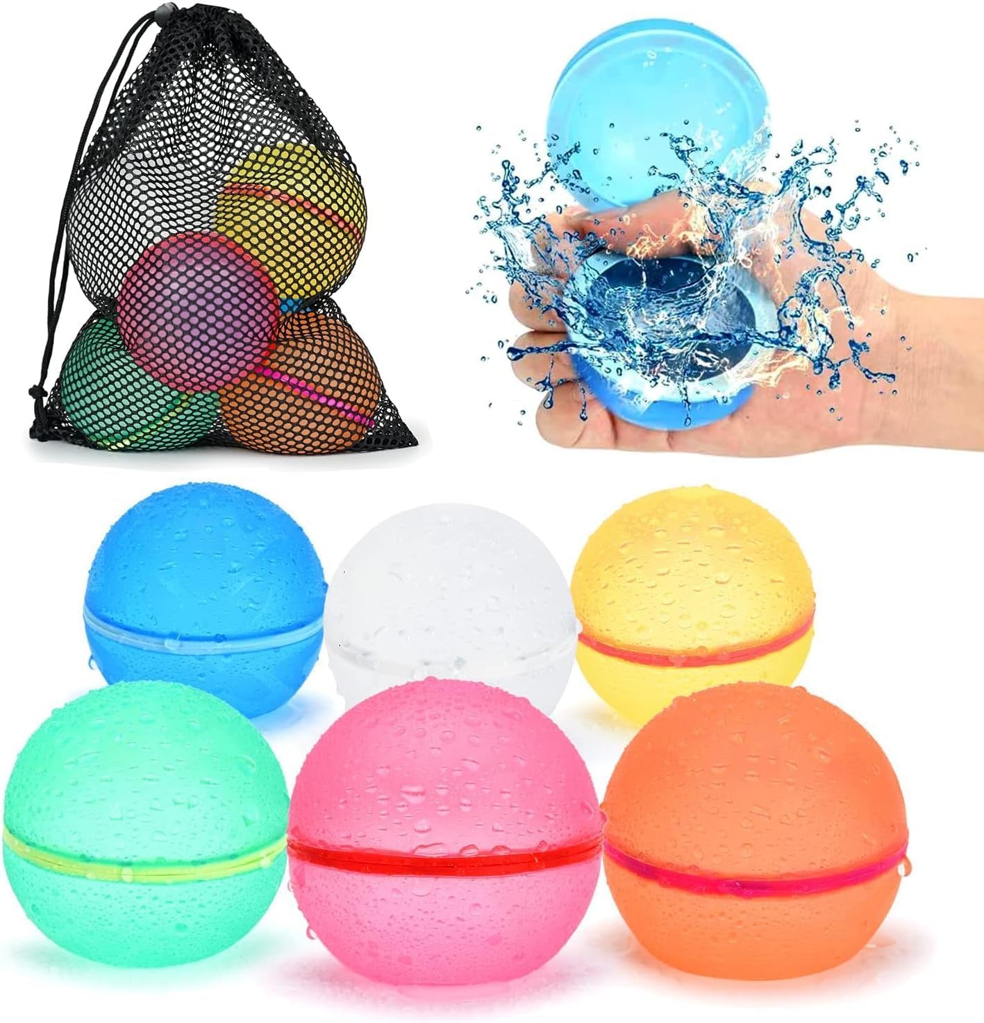 Reusable Water Balloons 12Pcs with Mesh Bag, Self Sealing Silicone Ball Latex-Free, No Clean Hassle, Easy to Fill, Summer Toys Water Toy Swimming Pool Beach Park Yard Outdoor Games Party Supplies