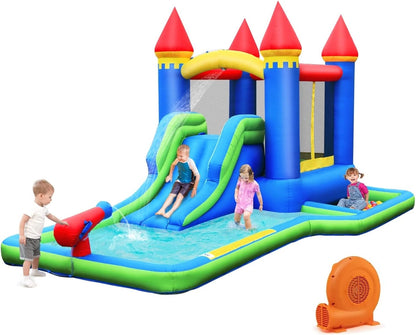 Inflatable Water Slide, Bounce House Water Slide with Ball Pit for Kids Backyard Fun W/735W Blower, Blow up Jump Bouncy Castle Water Slides Inflatables for Kids Boys Girls Outdoor Party Gifts