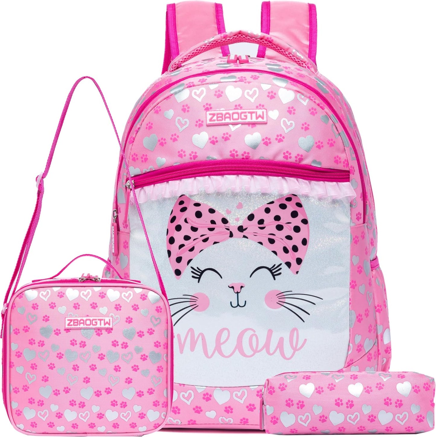 Cute Cat Backpacks for Girls School Backpack with Lunch Box Pencil Case for Elementary Student Kids Travel Bookbag for Girls Ages 6-8 Years Old
