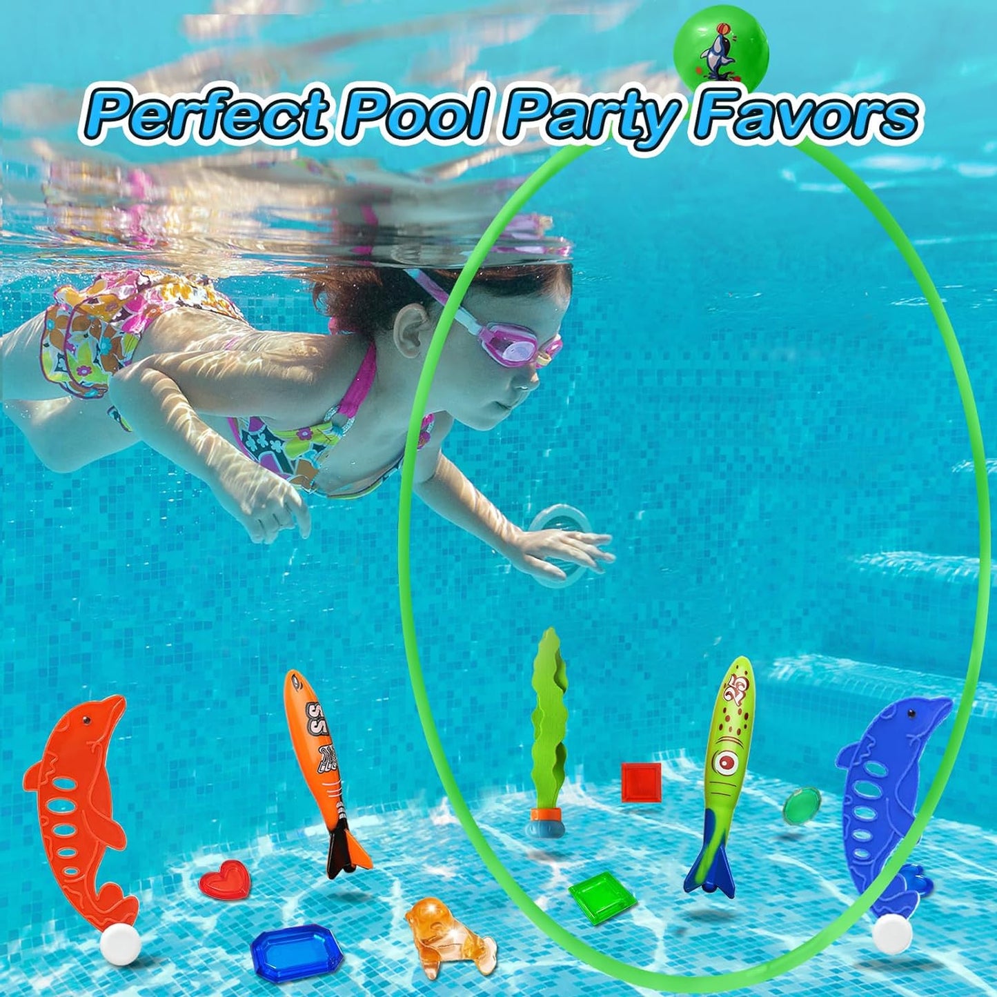 Pool Rings Diving Toys - 26PCS Swimming Thru Pool Diving Game Toys with Dive Rings Underwater Treasures Torpedo Bandits Fish Toys Etc Fun Water Swim Toys for Boys Girls Kids Teens Adults