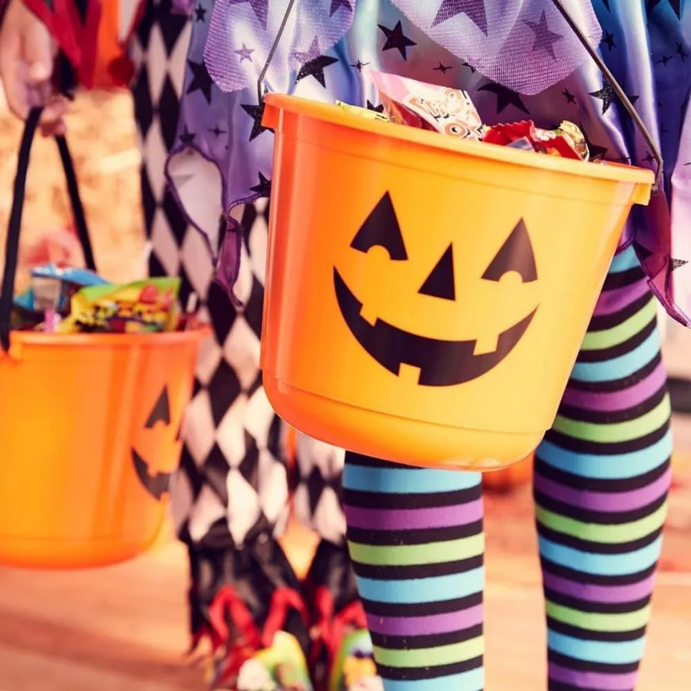 Creepy Orange Jack-O'-Lantern Plastic Treat Bucket - 7 (1 Pc.) - Durable & Spacious Halloween Candy Pail - Perfect for Trick-Or-Treat Fun & Festivities