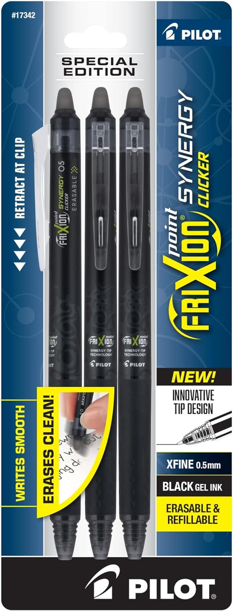 , Frixion Synergy Clicker Erasable, Refillable, Retractable Gel Ink Pens, Extra Fine Point 0.5 Mm, Pack of 3, Black