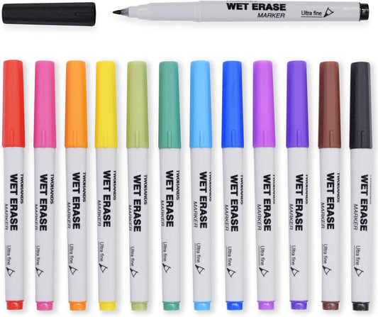 Wet Erase Markers Ultra Fine Tip,0.7Mm,Low Odor,Extra Fine Point,12 Assorted Colors,Whiteboard Markers for Office,Home,Or Planning Dry Erase Board,20703