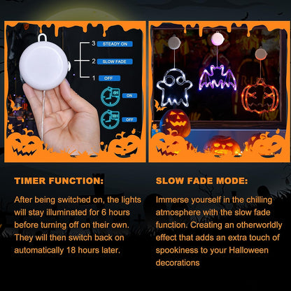 Halloween Decorations  Orange Pumpkin, White Ghost, Purple Bat Halloween Window Lights with Suction Cup, Battery Operated Halloween Lights, Upgrade Slow Fade Mode and Timer Function