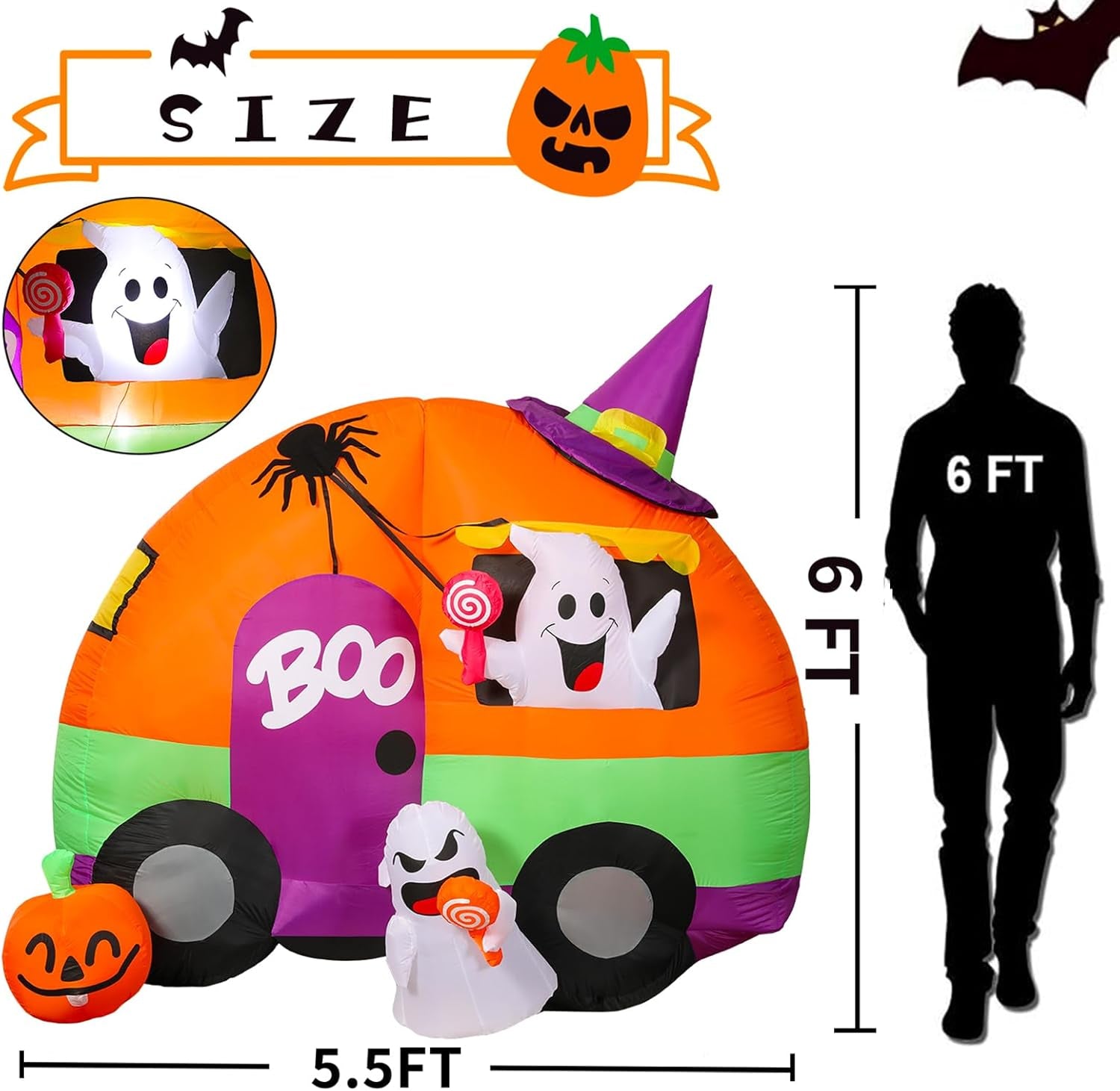 Halloween Inflatable Yard Decorations, 6Ft Tall Blow up Ghost Bus with Spider, Pumpkin, Witch Hat, Light up Holiday Inflatables Decorations for Indoor Outdoor, Party, Garden, Lawn (Ghost Bus)