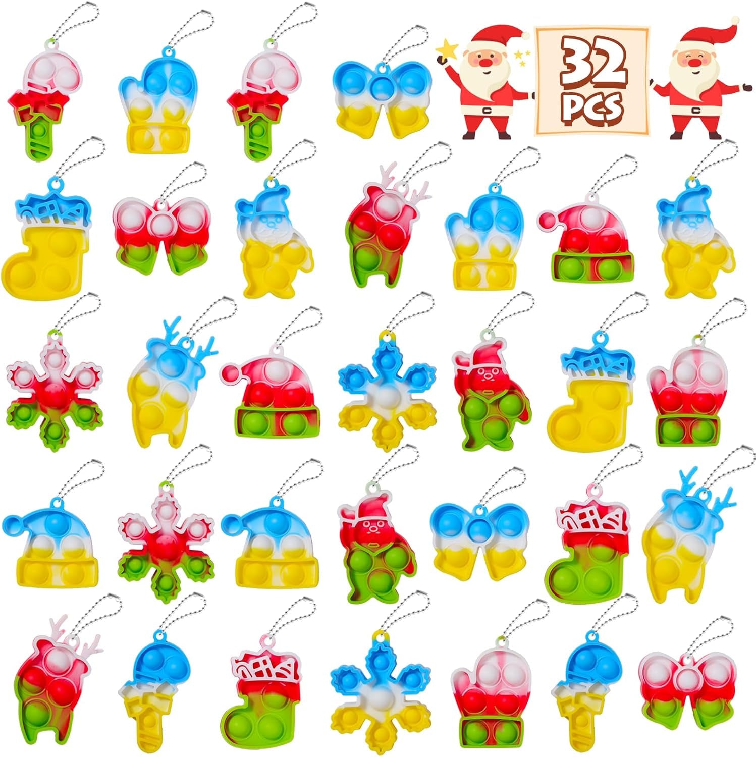 Christmas Party Favors for Kids: Mini Pop Keychain Toys Pack - Bubble Sensory Stocking Stuffers for Boys & Girls - Stress Relief Classroom Supplies Prizes Gifts - Goodie Bags Box（32Pcs