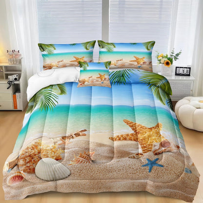 Beach Themed Bedding Set King Size Coastal Comforter Set 4 Pcs Starfish and Shells Pattern Hawaii Scenery Tropical Palm Tree Printed Design Ocean Beach Comforter Set for Summer