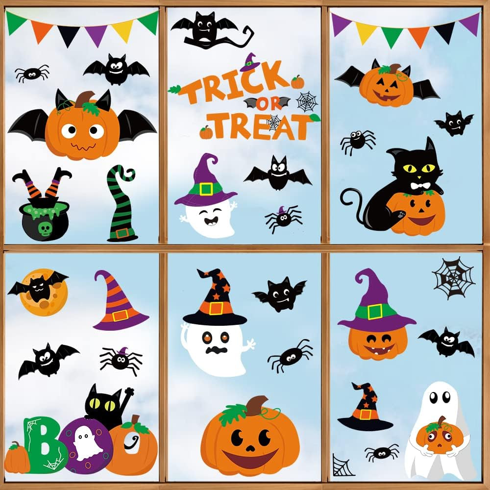 Halloween Decorations Indoor Window Clings Decor, Large Cute Pumpkin Ghost Black Cat Bat Trick or Treat Window Decals for Glass Windows, Kids School Home Office Party Window Stickers, 4 Sheets