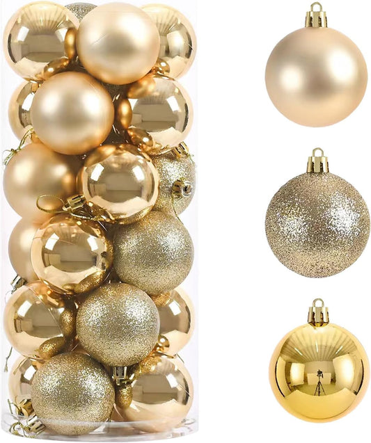 24Pcs Mini Christmas Balls Ornaments, Shatterproof Christmas Hanging Balls for Xmas Tree, Holiday, Wedding, Mardi Gras Party (Gold)