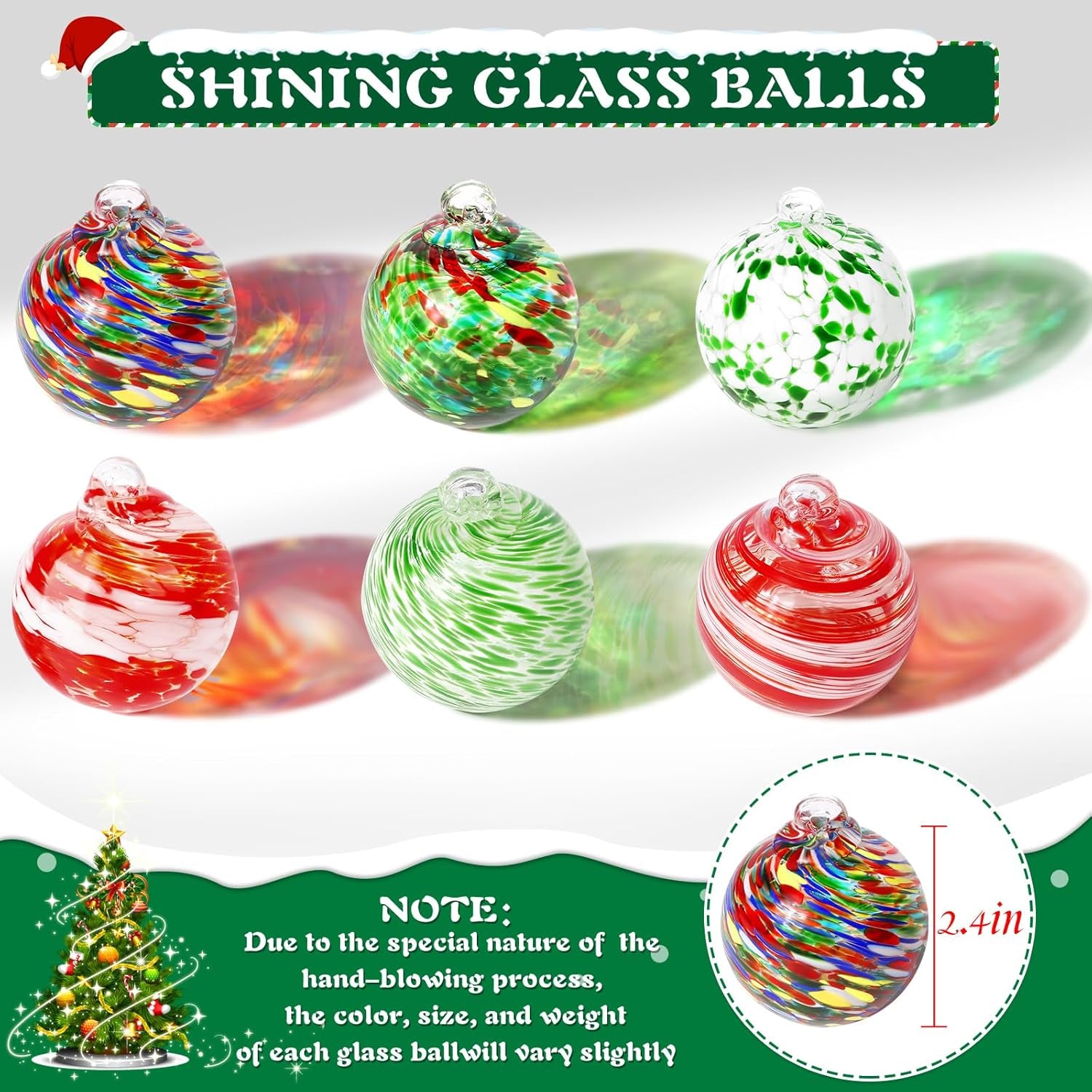 Glass Christmas Ball Ornaments, 6 PCS Hand Blown Glass Ornaments Balls Hanging Friendship Balls Glass Witches Balls Gazing Balls for Home Window Outdoor Garden Patio Décor