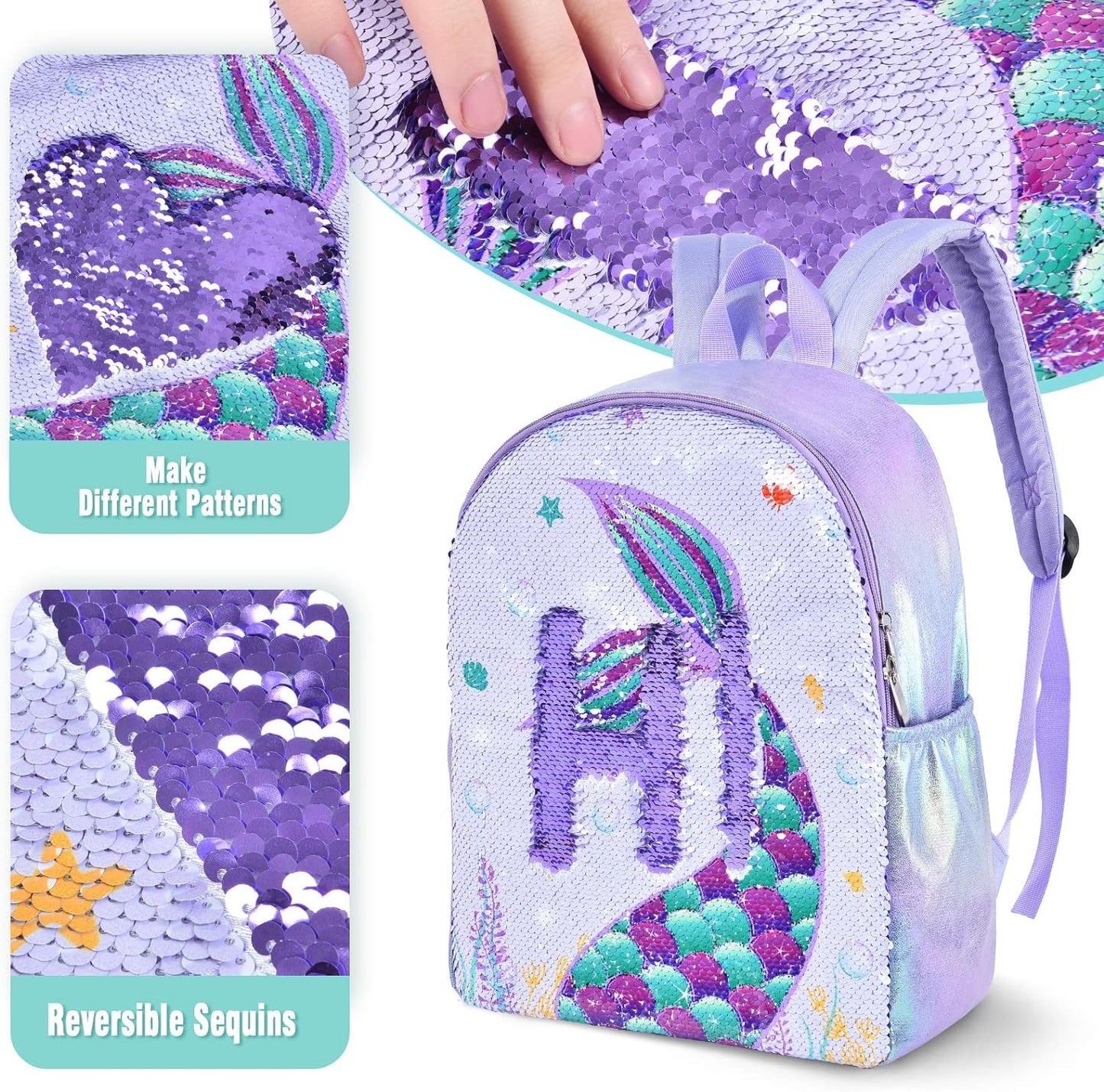 Sparkly Girls Mermaid Backpack - Sequins School Backpack for Kids Girls Preschool Kindergarten Elementary 15” Lightweight Travel Casual Book Bag Schoolbag