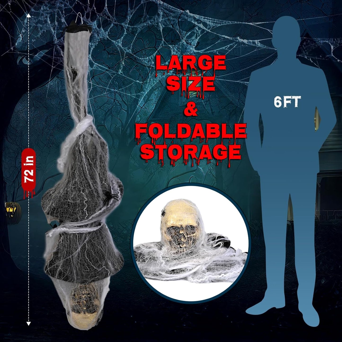 72 '' Cocoon Corpse Halloween Decorations, Scary Hanging Corpses Props with Lighted Full Body LED Eyes & Spooky Sounds, Halloween Outdoor Yard, Lawn Decoration, Haunted House Prop Decor