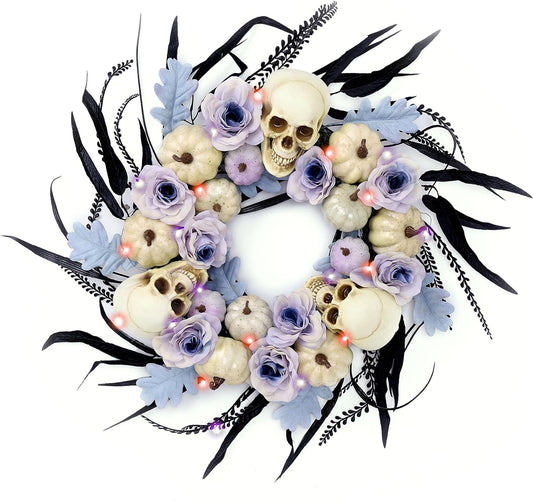 Decorbyhannah Halloween Wreath, 20 Inch Halloween Door Wreath with Lights, Scary Halloween Decorations with Roses Skull Pumpkin for Porch Window Outdoor Indoor Home Party Decor