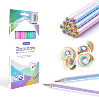 Eco-Friendly Wood & Plastic Free Rainbow Recycled Paper #2 HB Pencils for School and Office Supplies, Pre-Sharpened,12-Pack