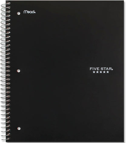 Spiral Notebook, 5 Subject, Wide Ruled Paper, Fights Ink Bleed, Water Resistant Cover, 8" X 10-1/2", 200 Sheets, Black (72045)