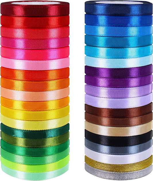 36 Colors 900 Yards Fabric Ribbons Satin Ribbons Metallic Glitter Ribbons Rolls Craft Ribbons Embellish Decorative Ribbons 2/5" Wide for Floral Bouquet Gifts Crafts Bows Party Wedding