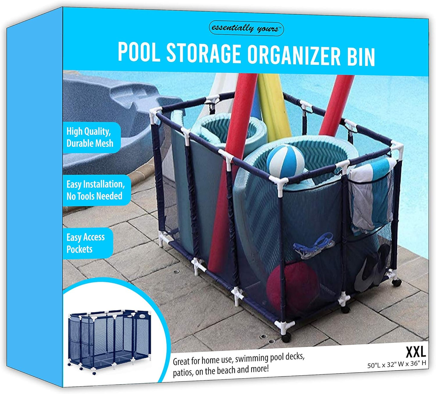 Pool Noodles Holder, Toys, Floats, Balls and Floats Equipment Mesh Rolling Storage Organizer Bin, Extra-Large, (47.2" W X 30.2" L X 34" H), Blue/White Style 455119