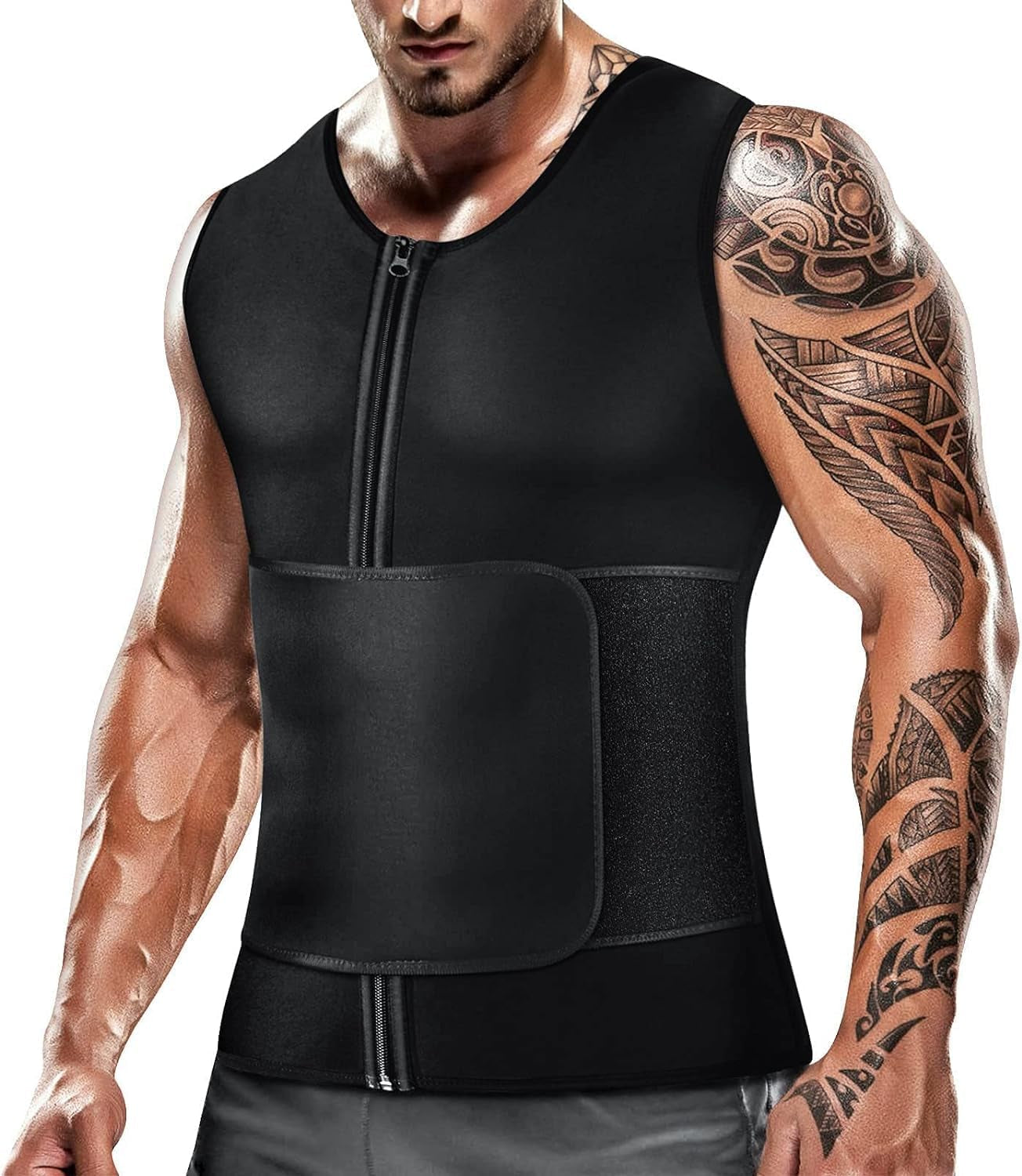 Mens Sweat Sauna Vest for Waist Trainer Zipper Neoprene Tank Top, Adjustable Sauna Workout Zipper Suit