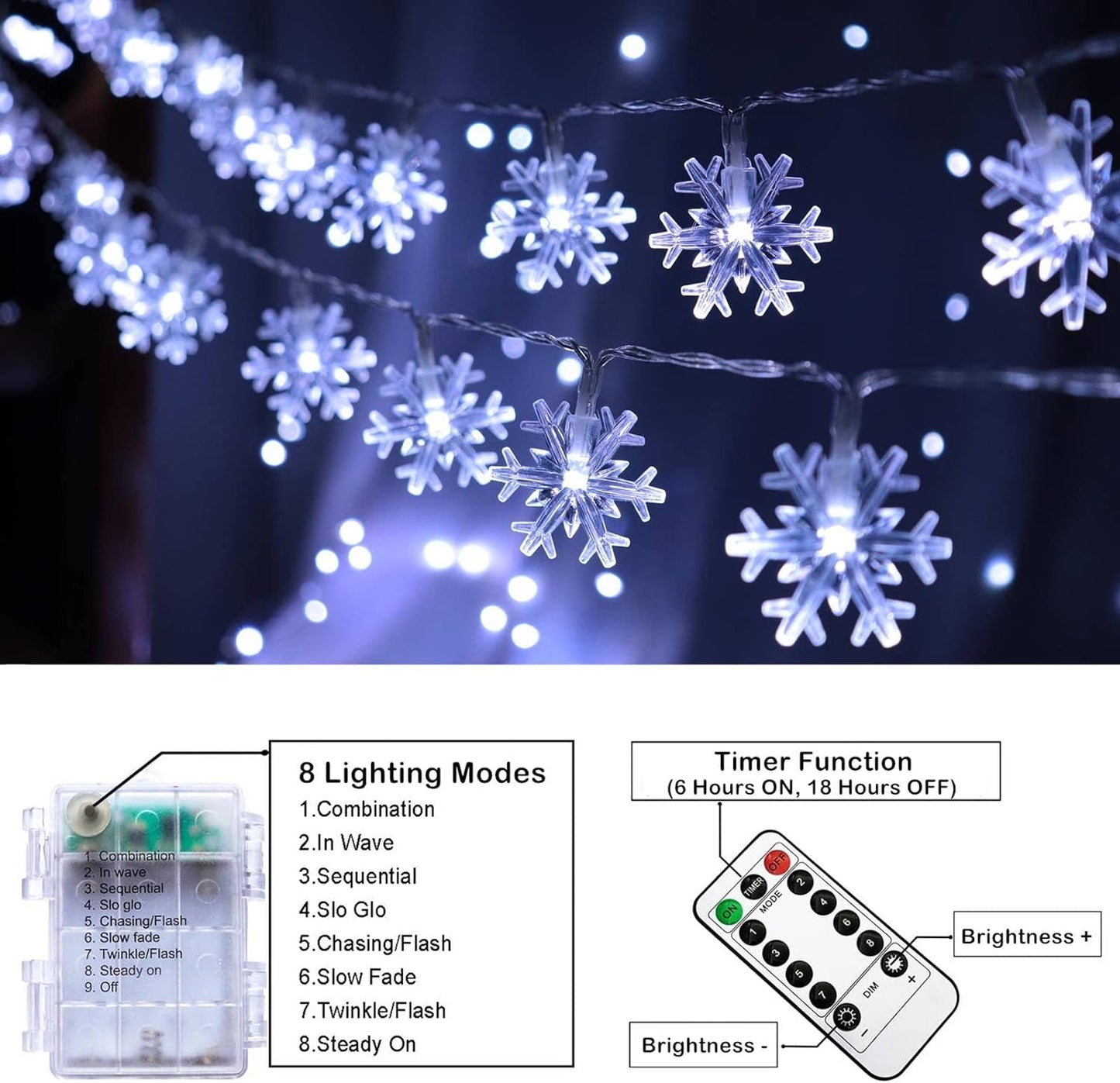 Christmas Snowflake String Lights, 20 FT 40 LED Battery Operated Fairy Lights with Remote, 8 Modes Timer Hanging Decor for Bedroom Patio Party Wall Indoor Outdoor Xmas Tree Decorations Cool White